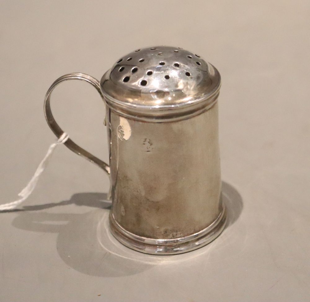 An early 18th century? silver pounce pot, indistinct marks, height 58mm, 45 grams.